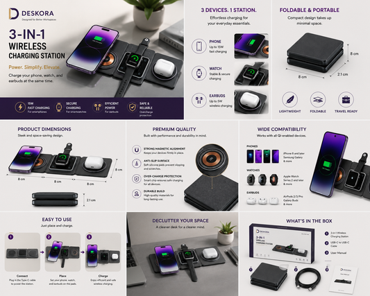 3-in-1 Magnetic Wireless Charging Station | Deskora