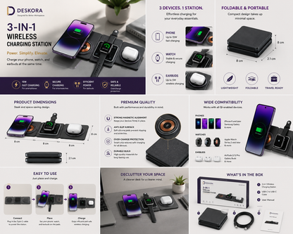 3-in-1 Magnetic Wireless Charging Station | Deskora